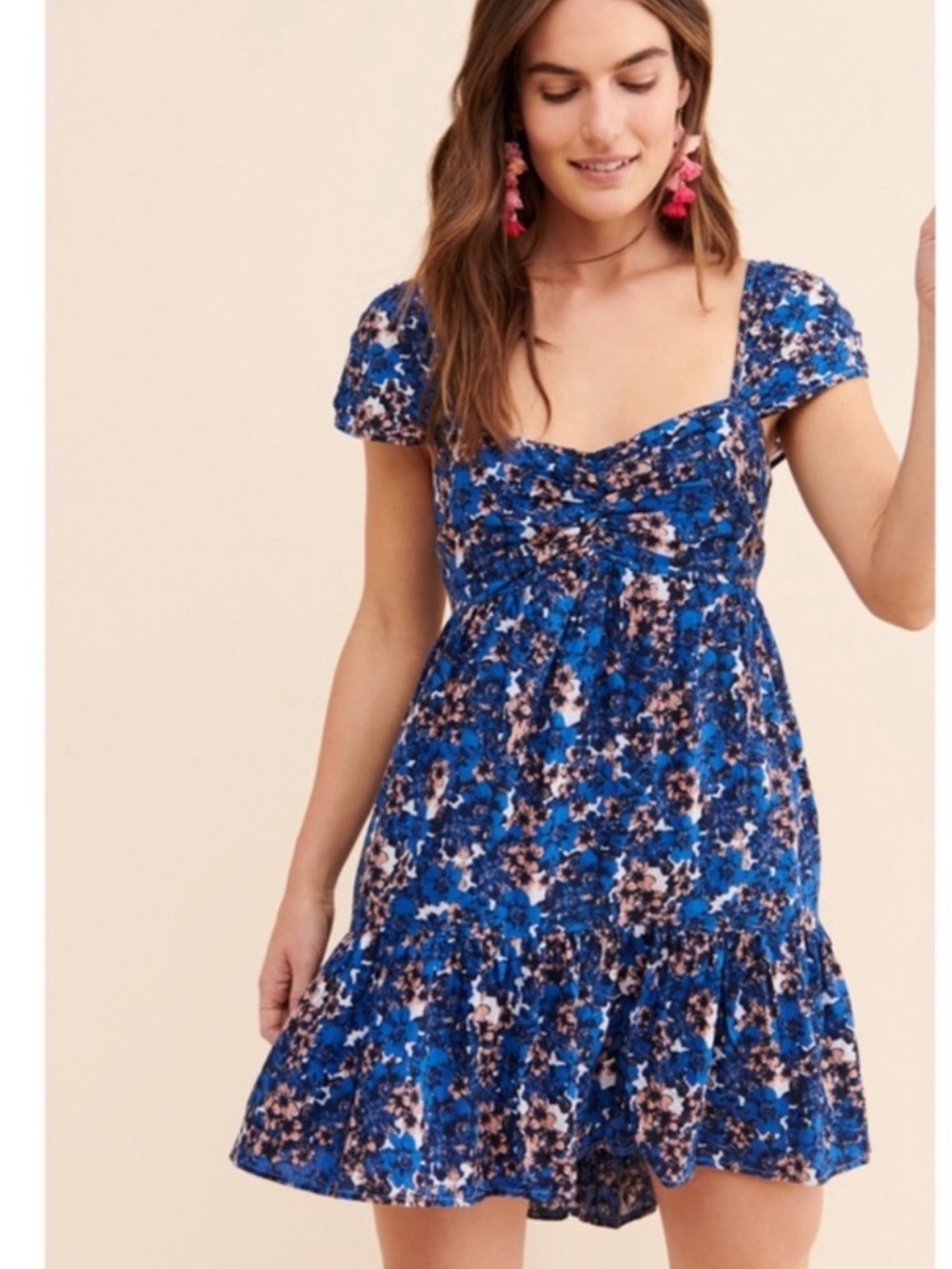 Free People blue peach floral babydoll smocked mini dress small